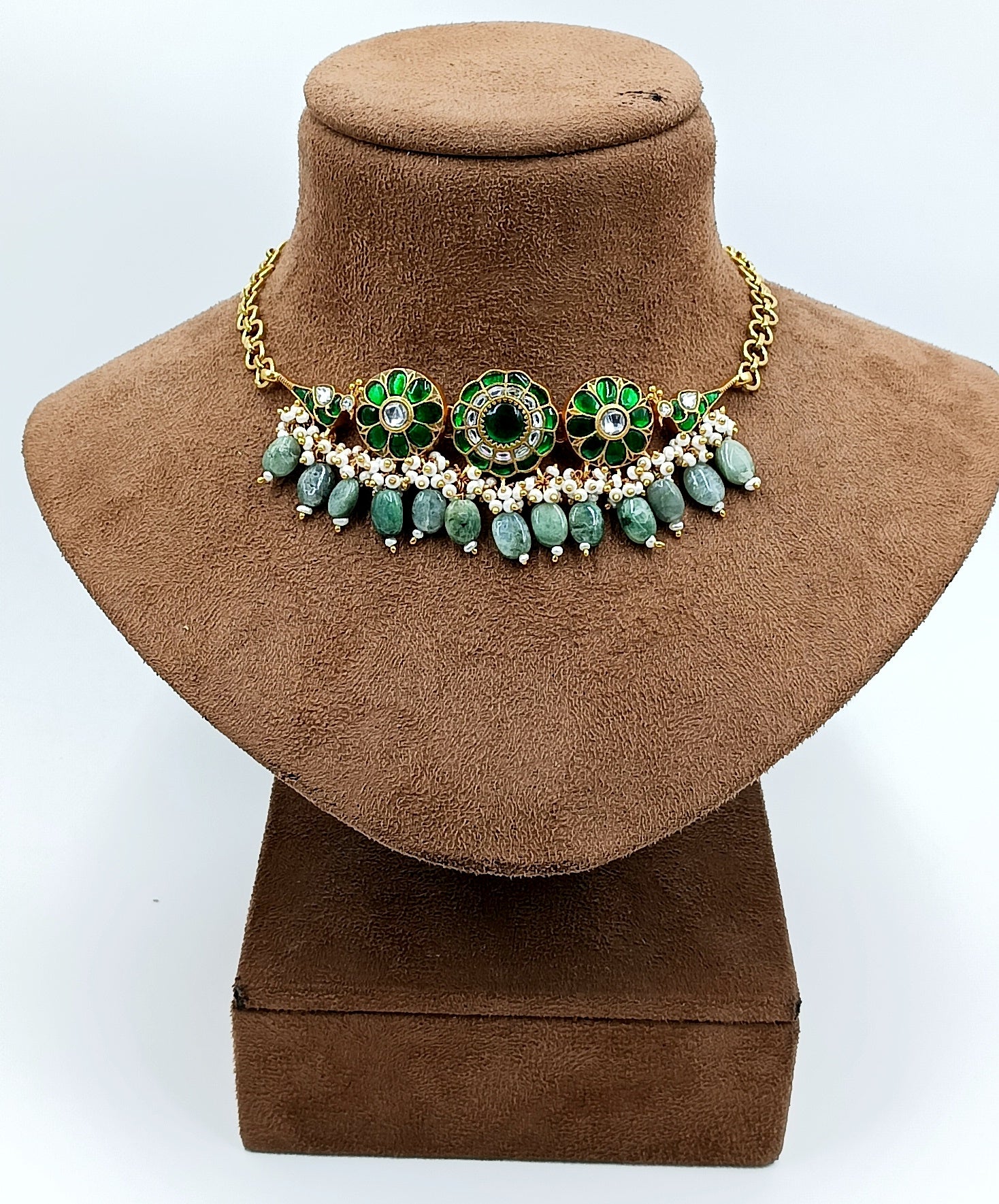 Green Enamel Necklace with Shell Pearls & Beads