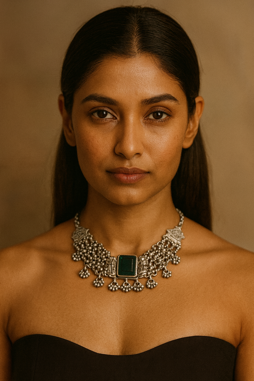Oxidized Silver Choker with Green Stone Centerpiece