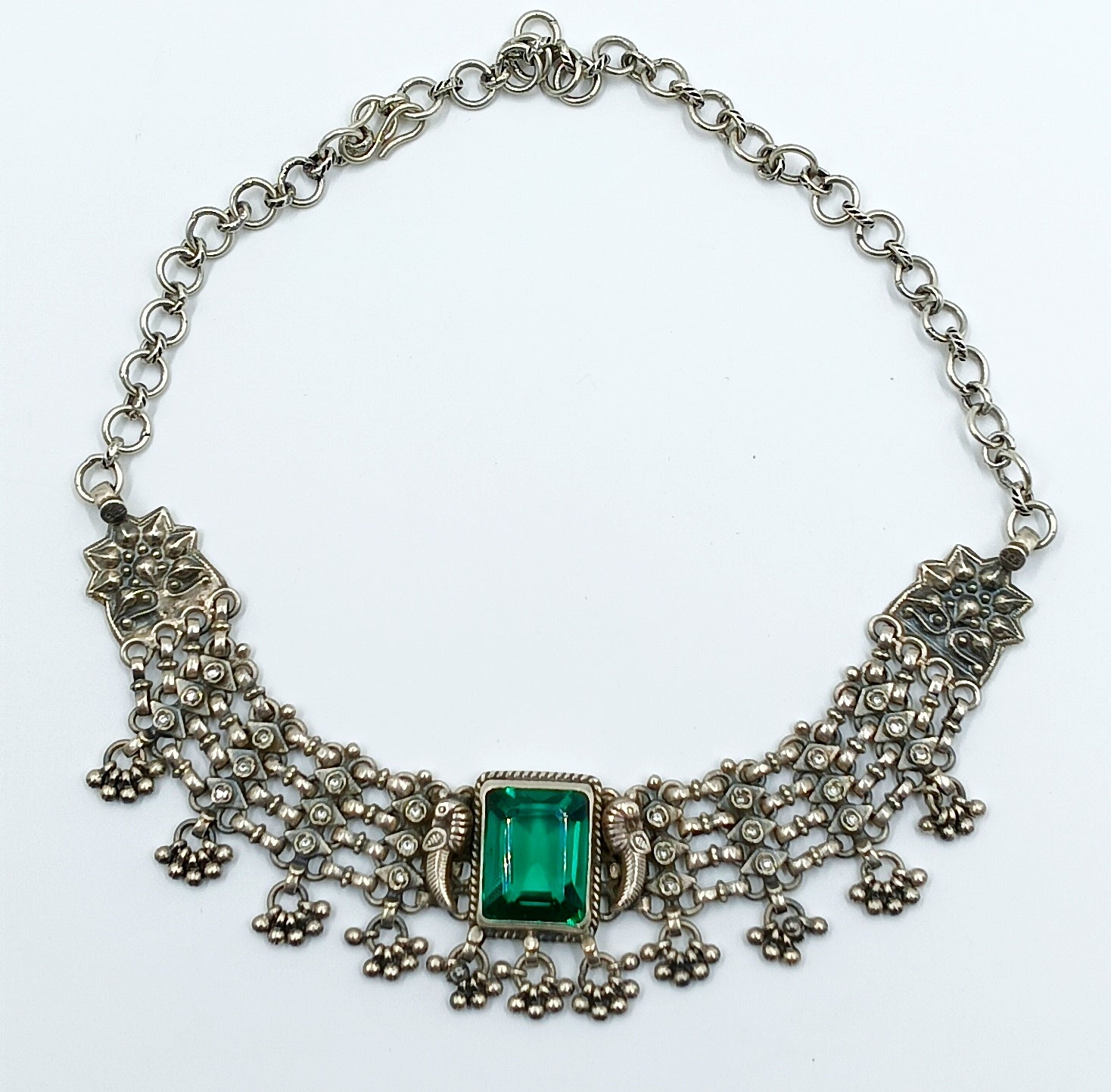 Oxidized Silver Choker with Green Stone Centerpiece