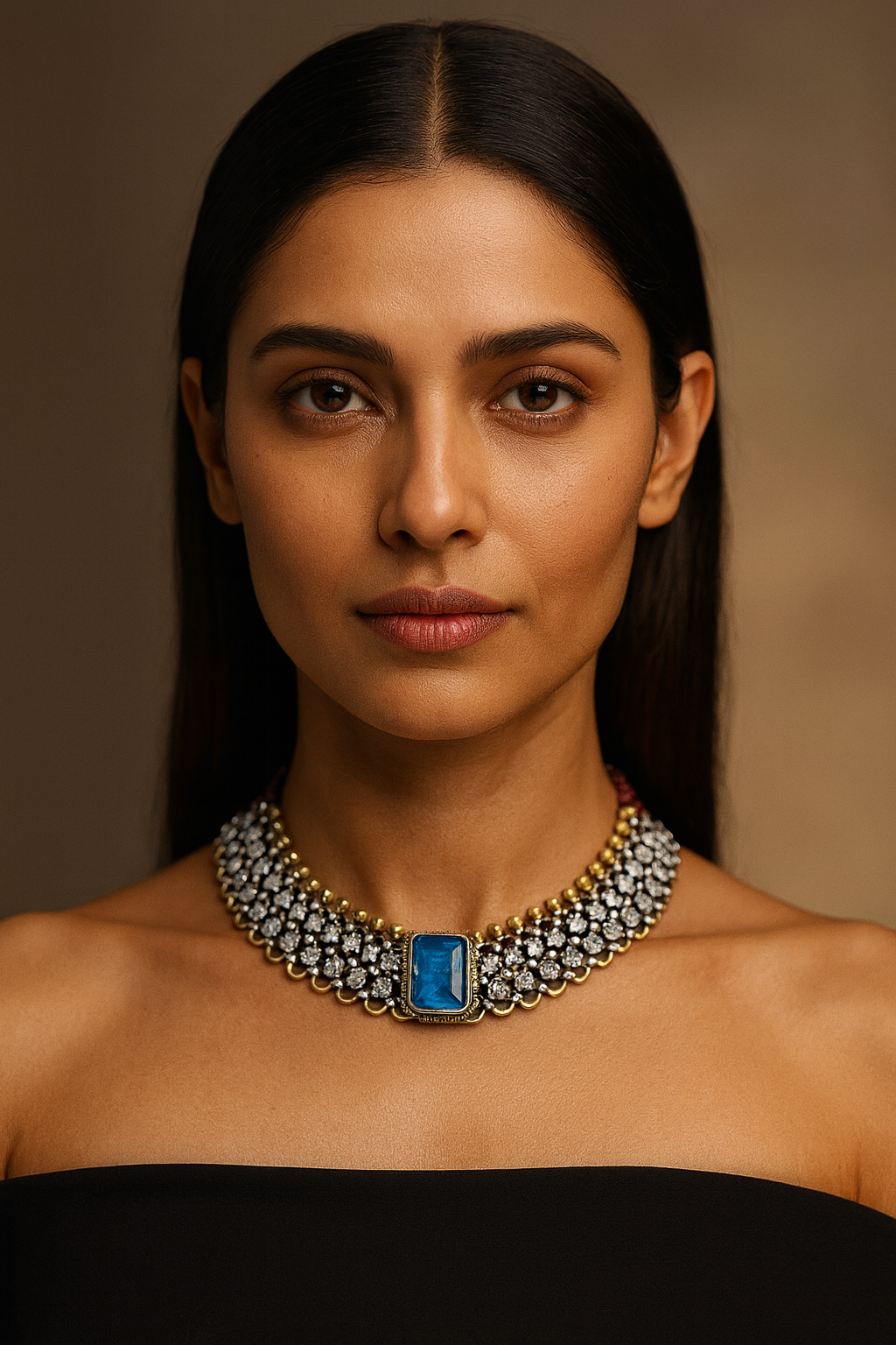 Dual-Tone Choker with Blue Stone and Beaded String