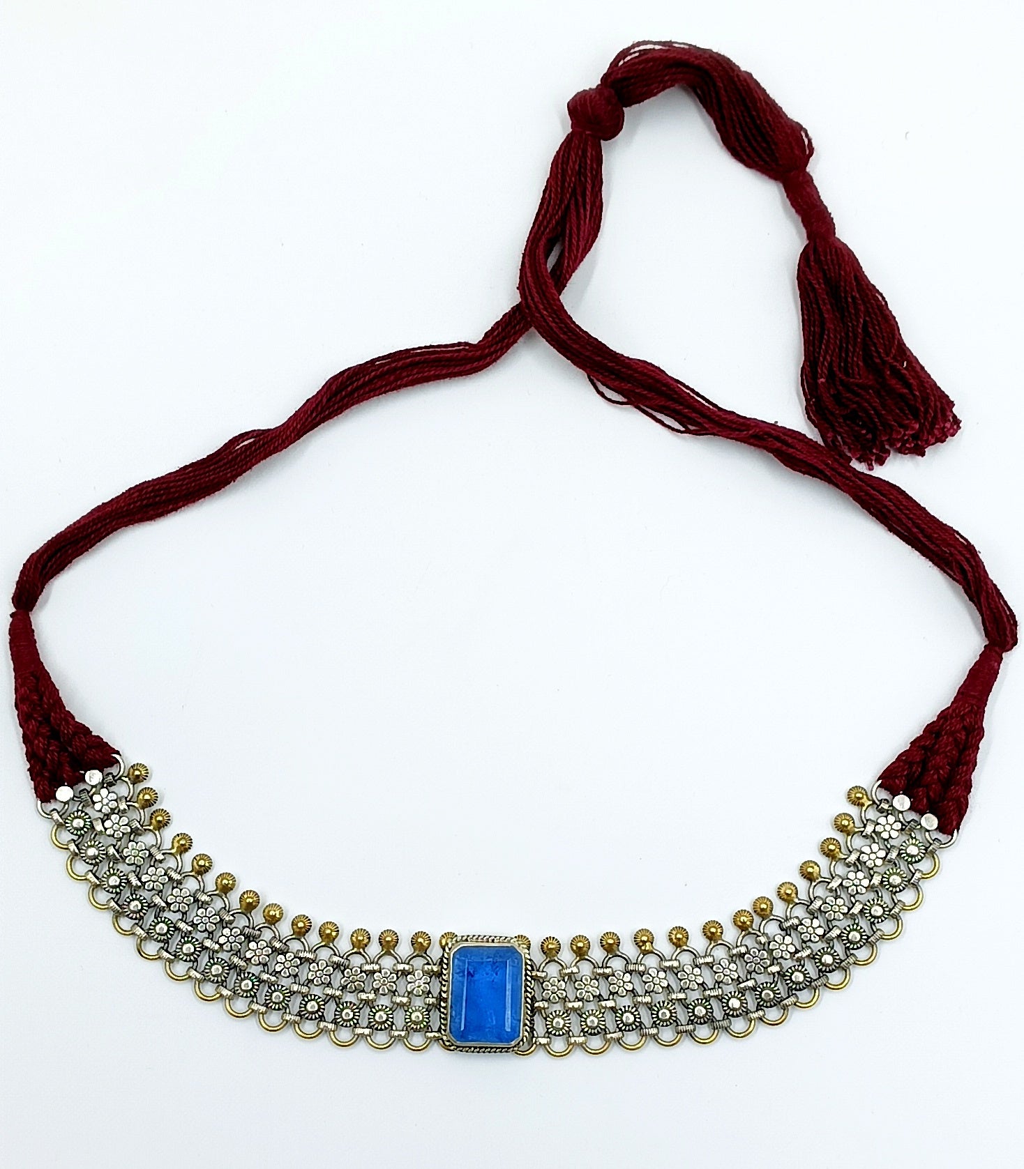 Dual-Tone Choker with Blue Stone and Beaded String