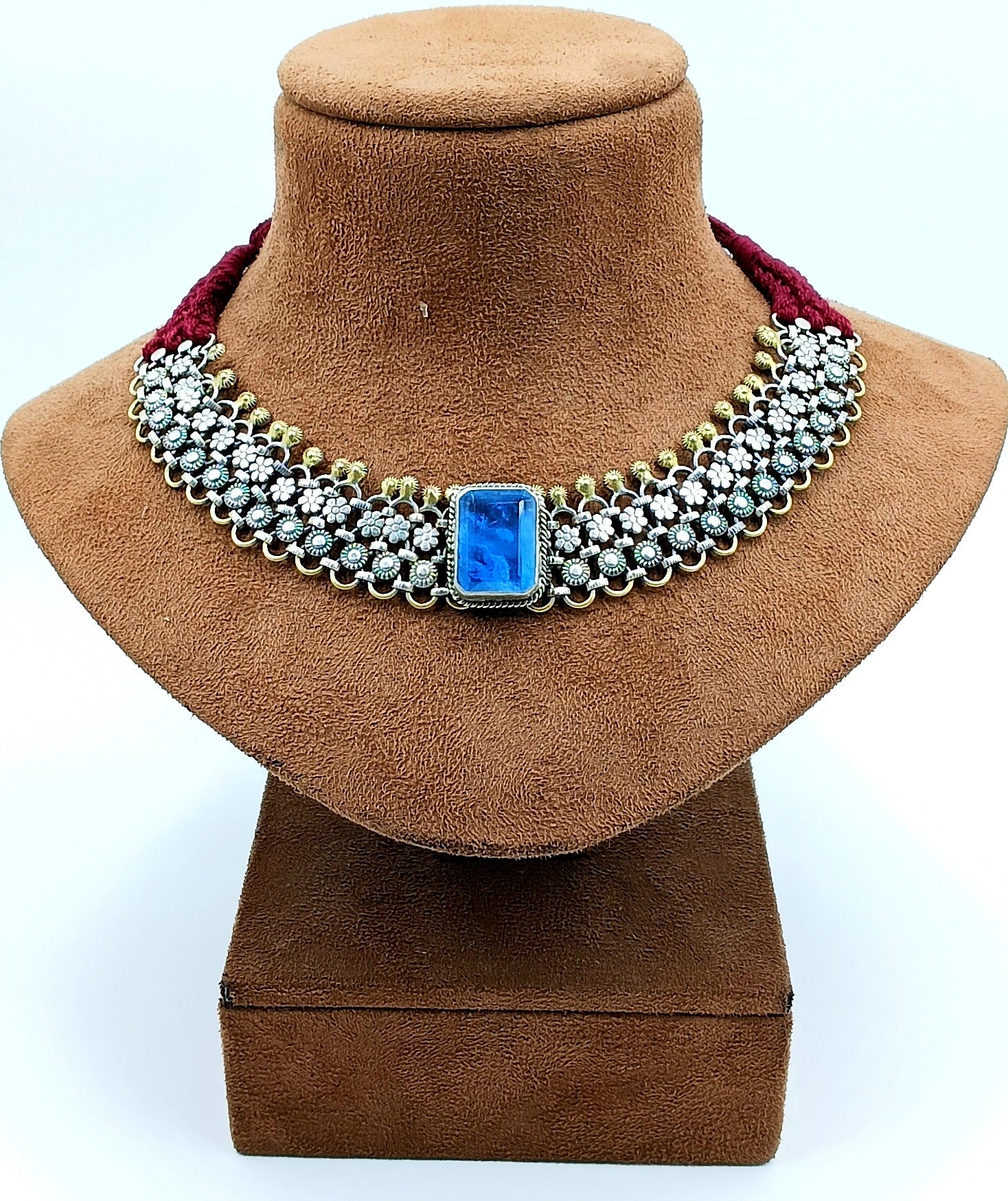 Dual-Tone Choker with Blue Stone and Beaded String