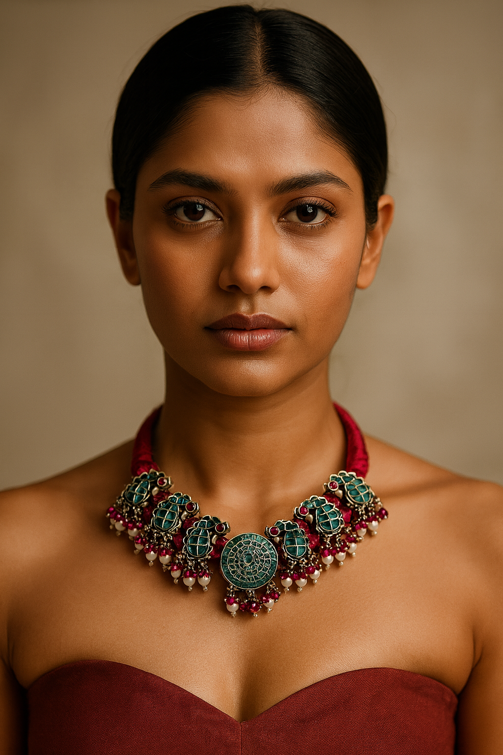 Paisley Enamel Necklace with Pink Pearl Accents