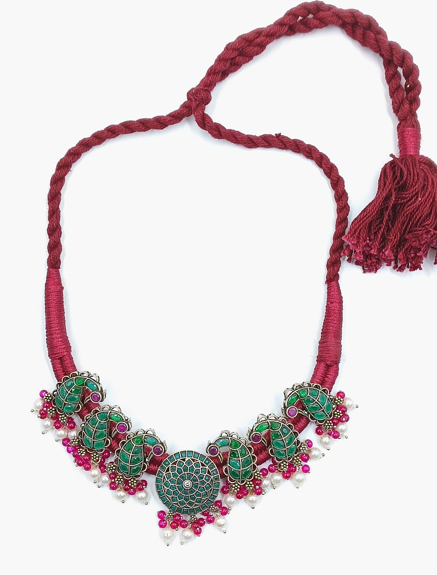 Paisley Enamel Necklace with Pink Pearl Accents
