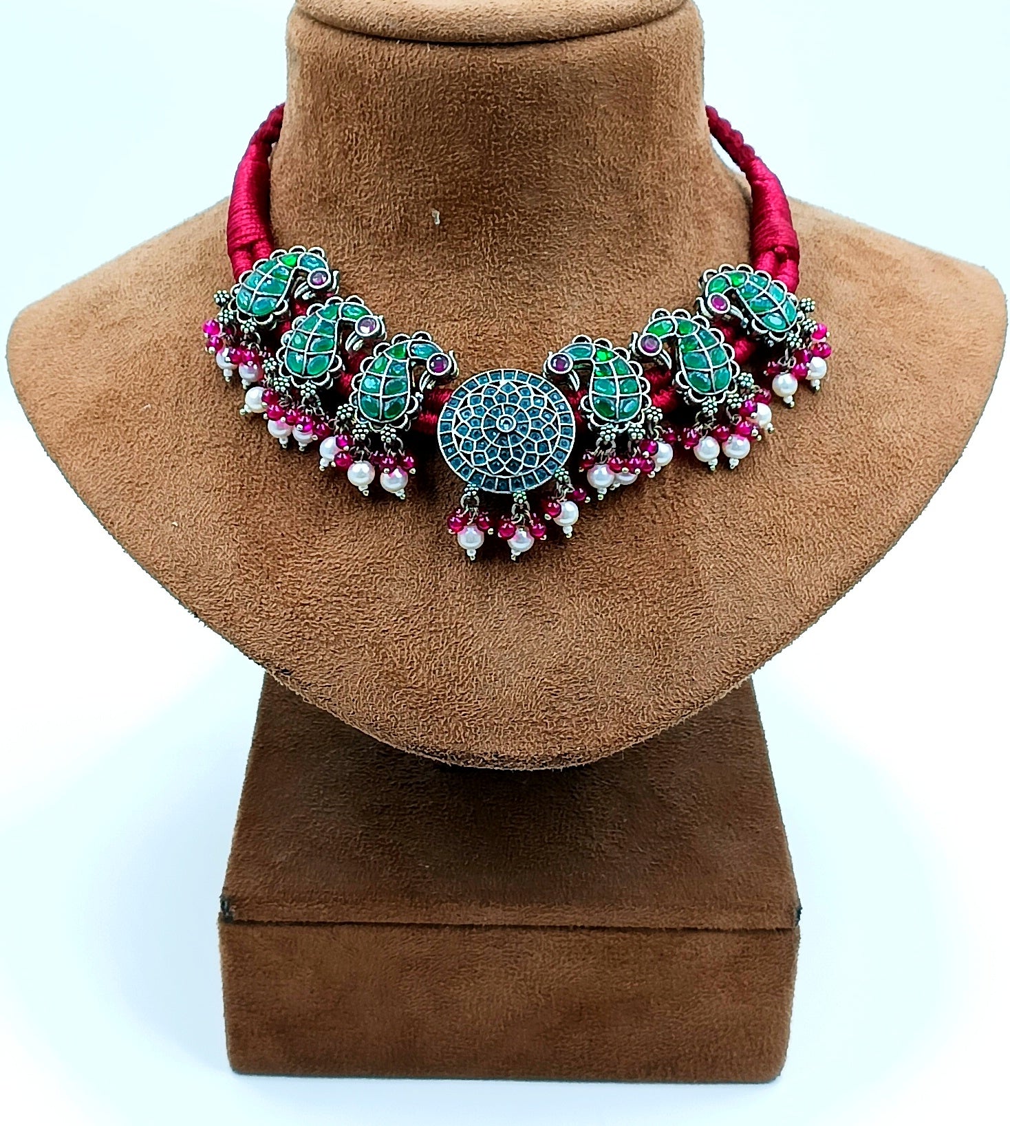 Paisley Enamel Necklace with Pink Pearl Accents