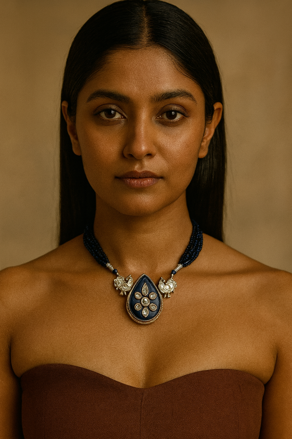 Teardrop Blue Enamel Necklace with Kundan Birds