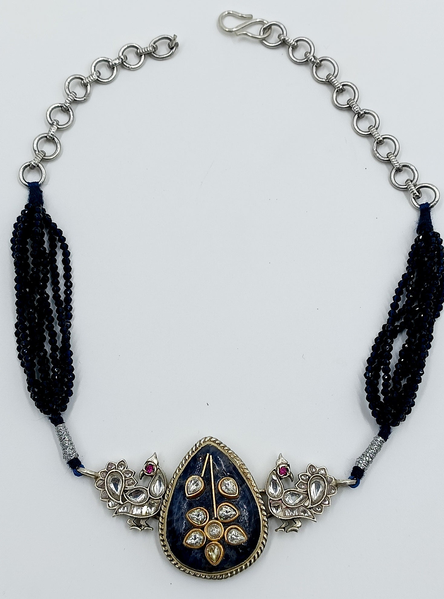 Teardrop Blue Enamel Necklace with Kundan Birds