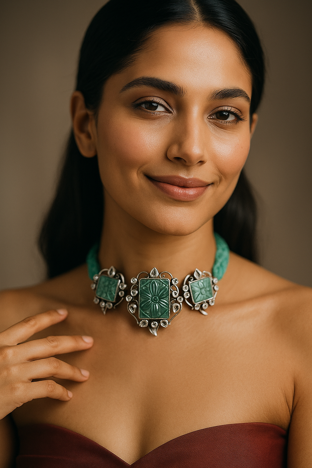 Floral Carved Green Stone Choker with Kundan Detailing
