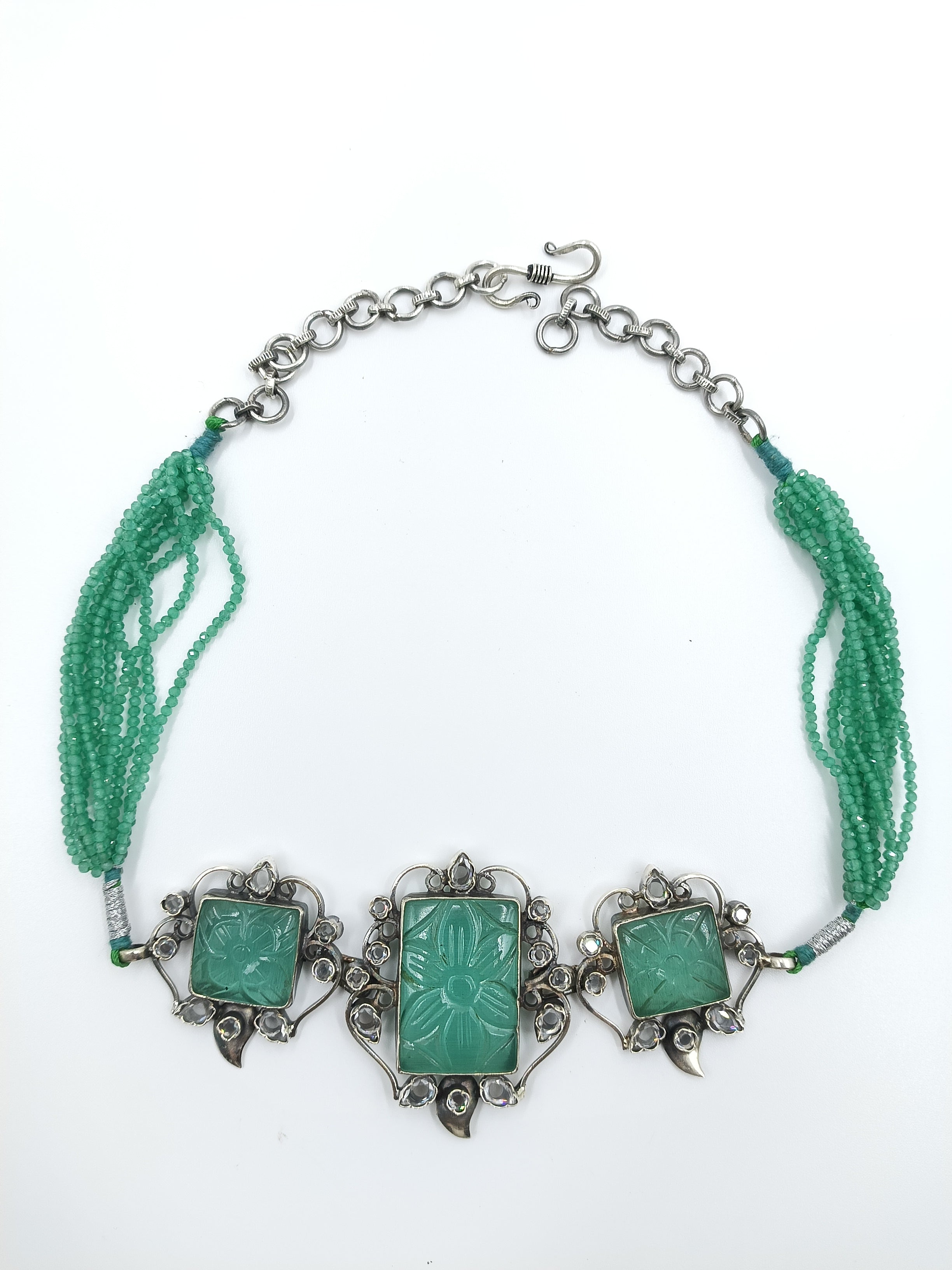 Floral Carved Green Stone Choker with Kundan Detailing