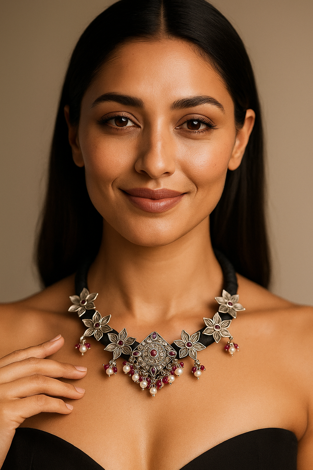 Ruby Pearl Floral Motif Choker in Oxidized Silver