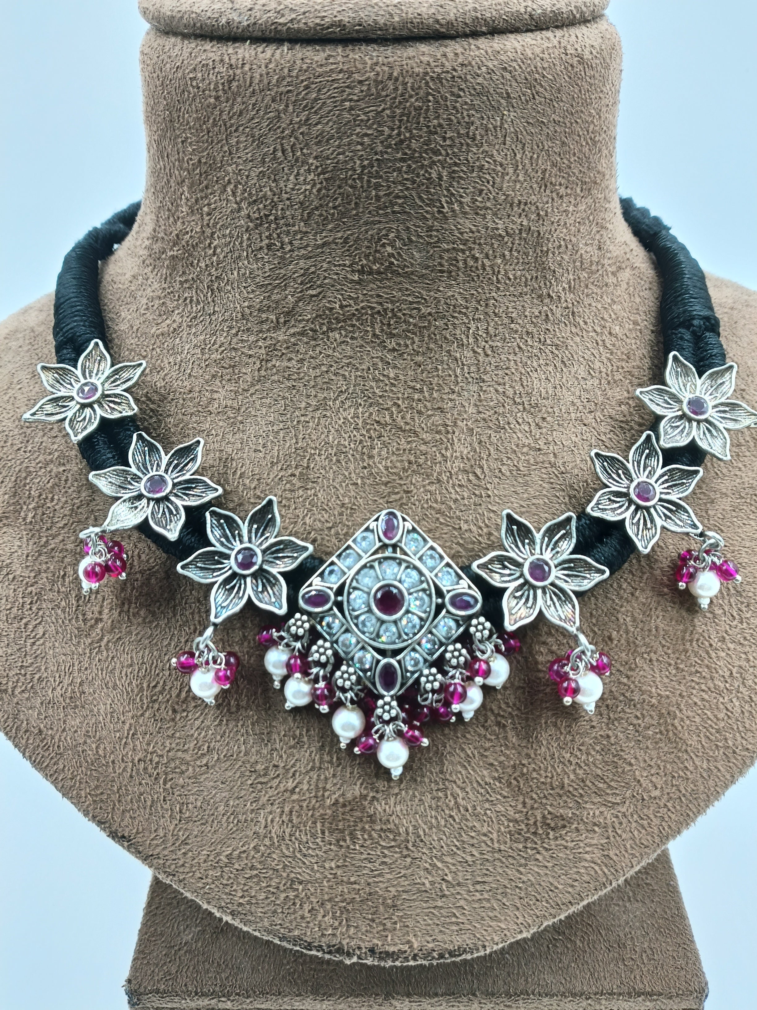 Ruby Pearl Floral Motif Choker in Oxidized Silver