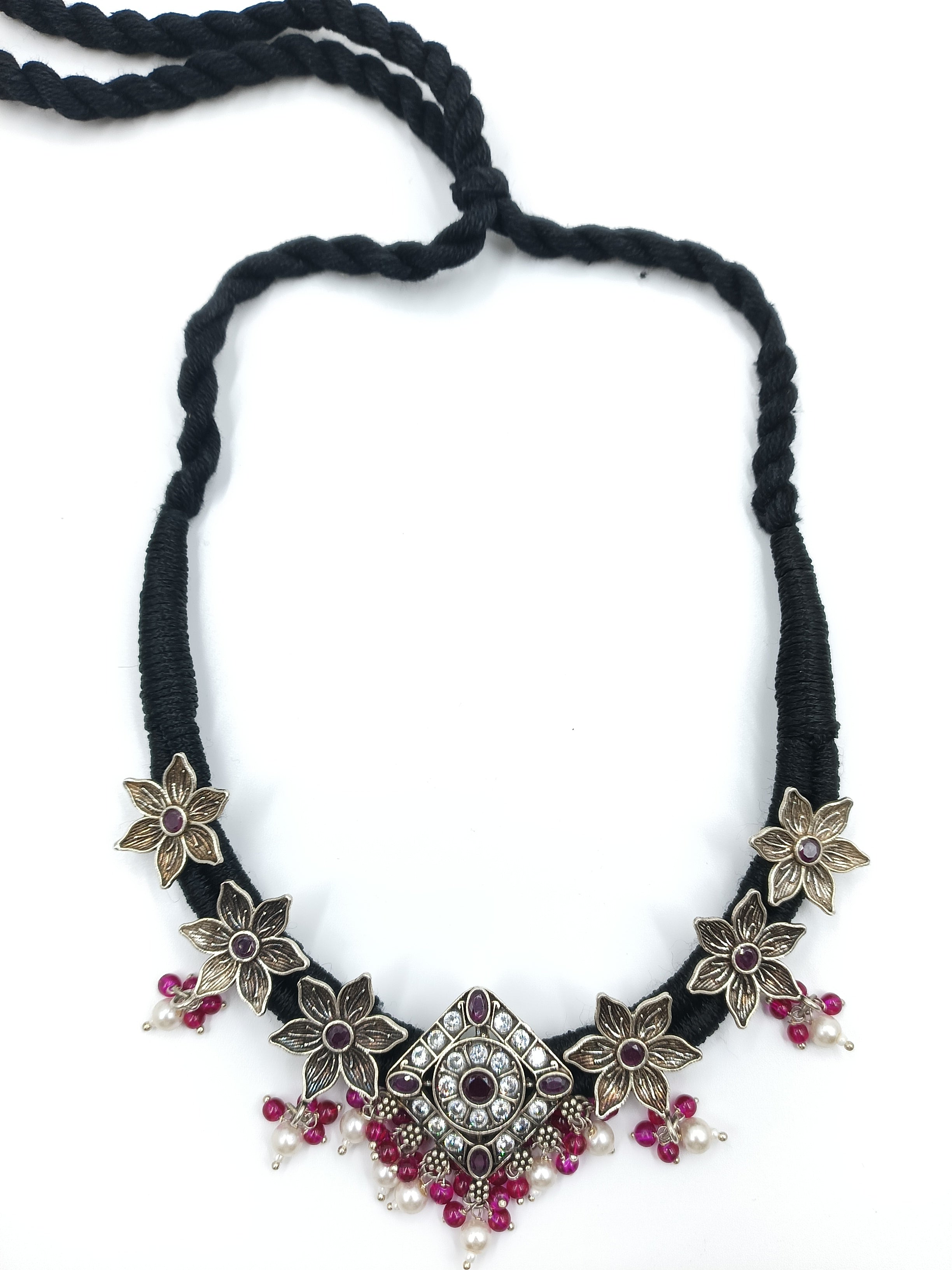 Ruby Pearl Floral Motif Choker in Oxidized Silver