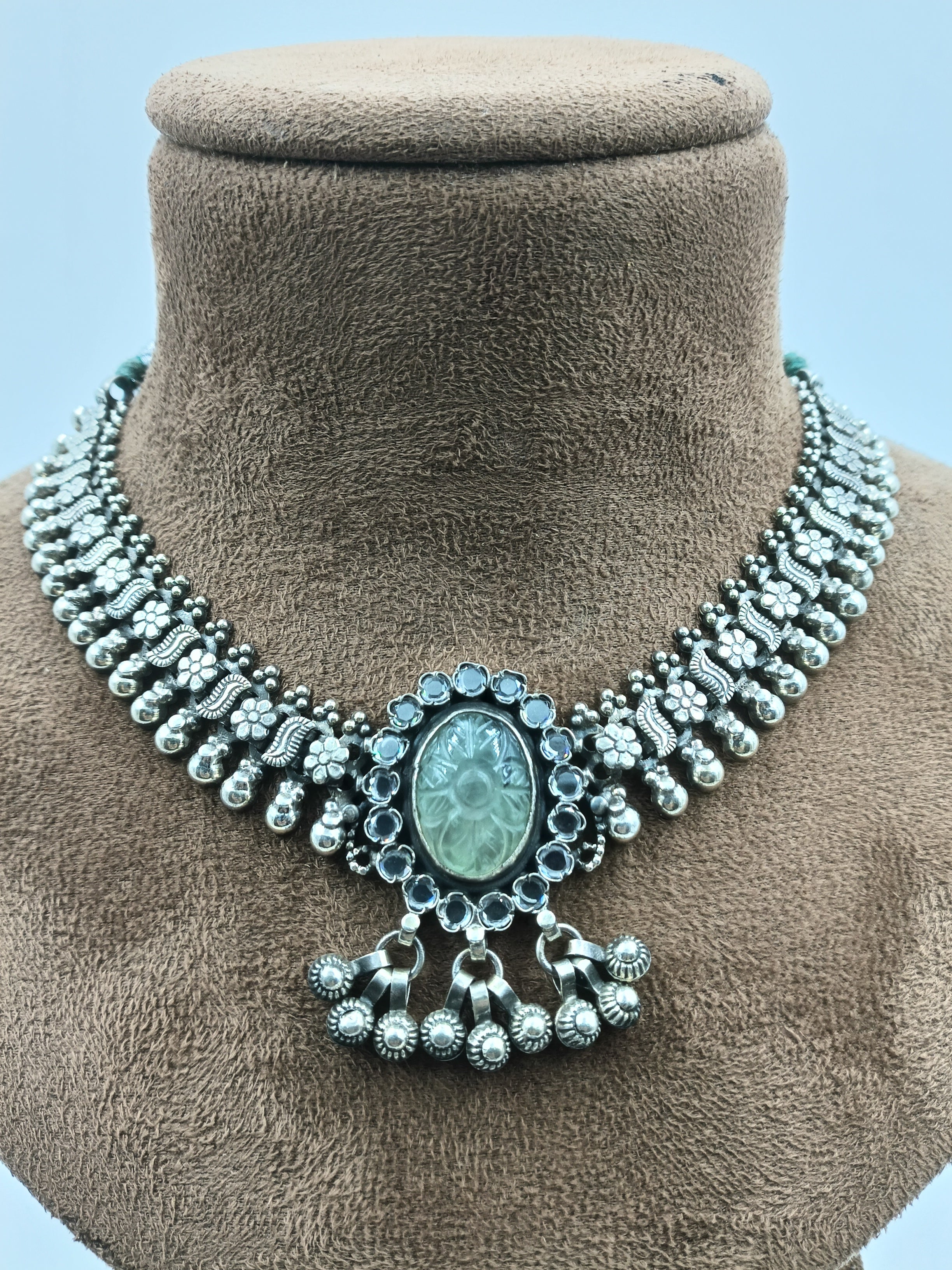 Heritage Tribal Silver Necklace with Green Carved Centerpiece