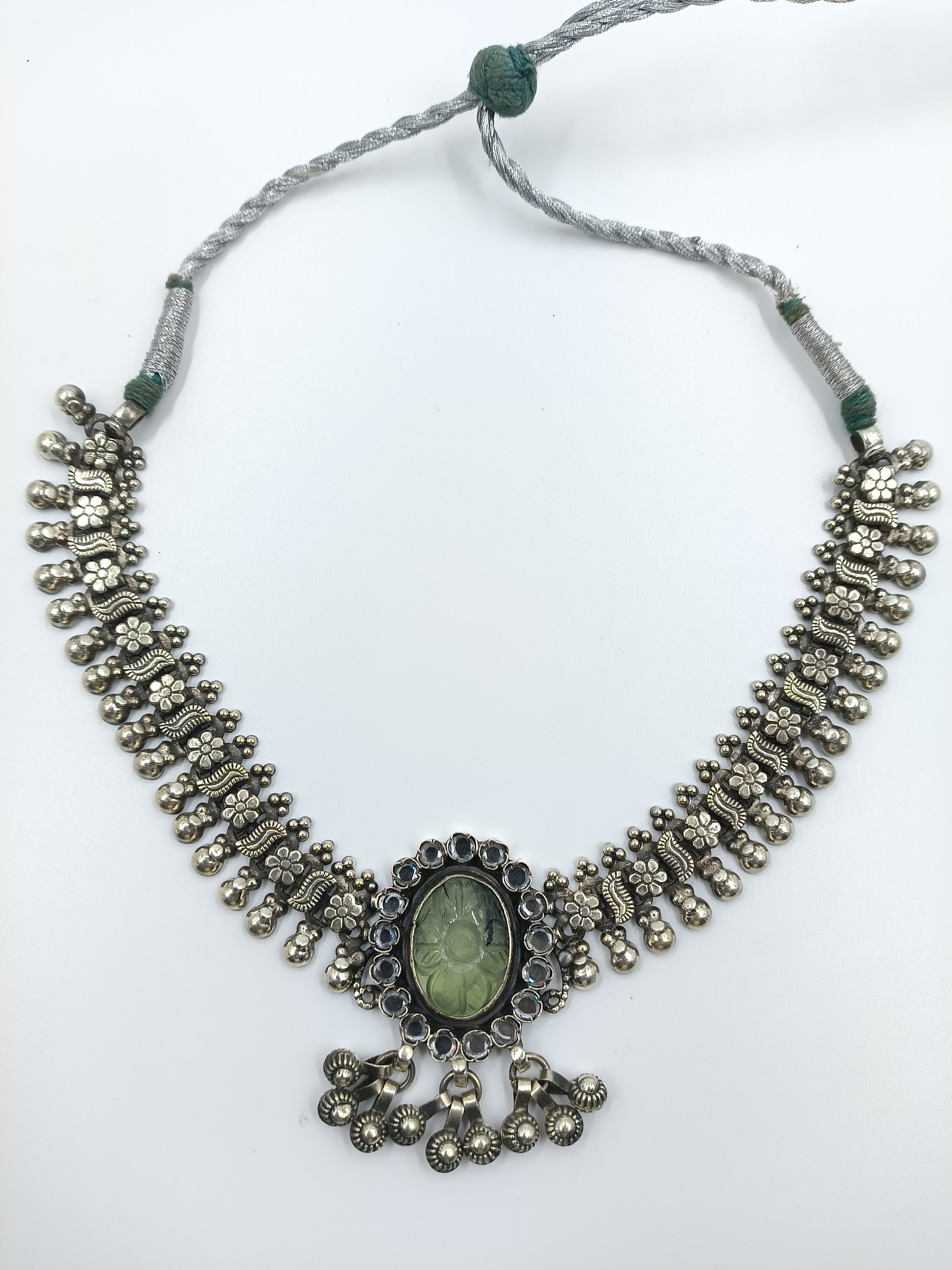 Heritage Tribal Silver Necklace with Green Carved Centerpiece
