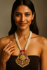 Temple Pendant Necklace with Pearl Beads and Ruby Meenakari