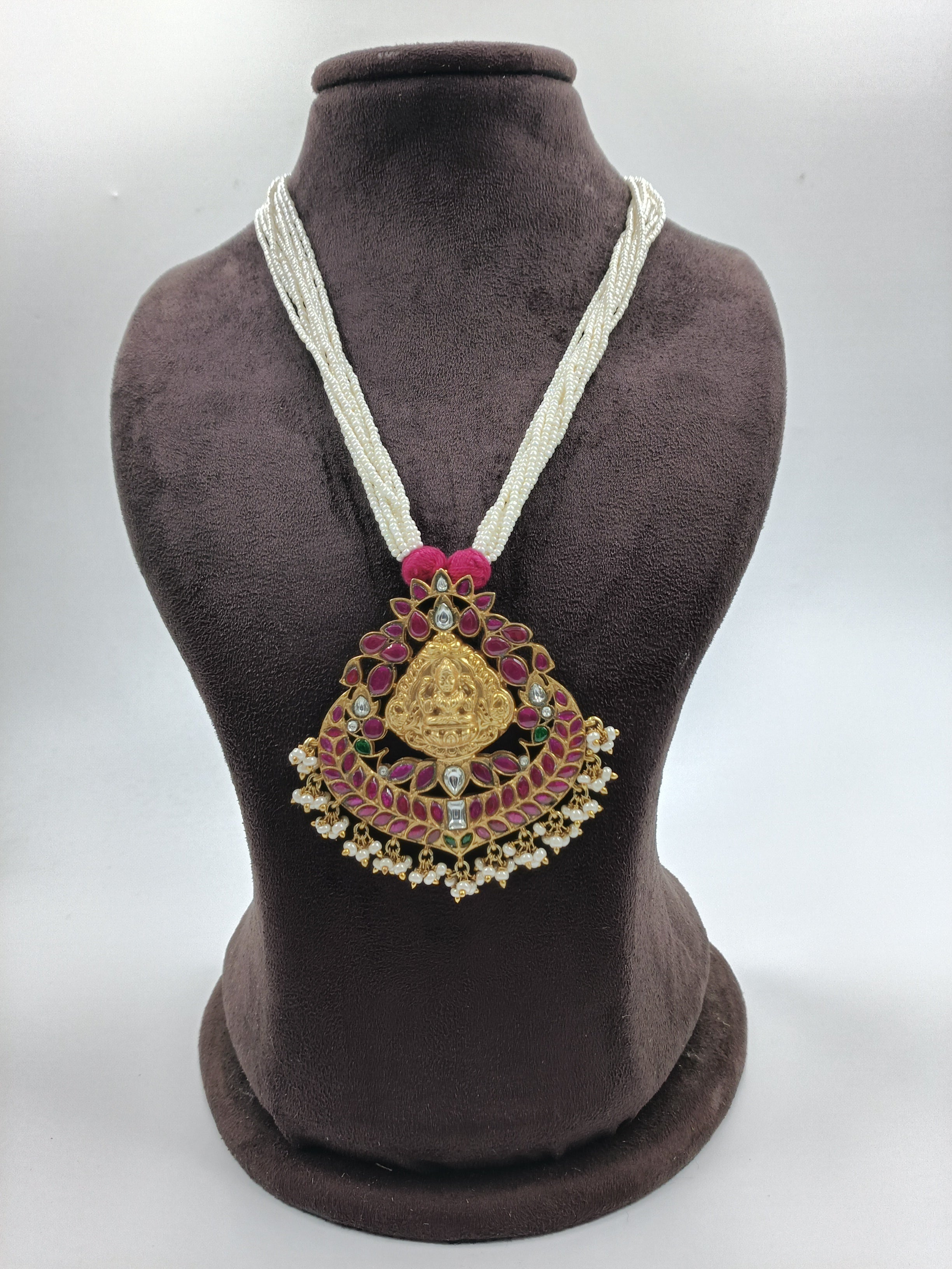 Temple Pendant Necklace with Pearl Beads and Ruby Meenakari