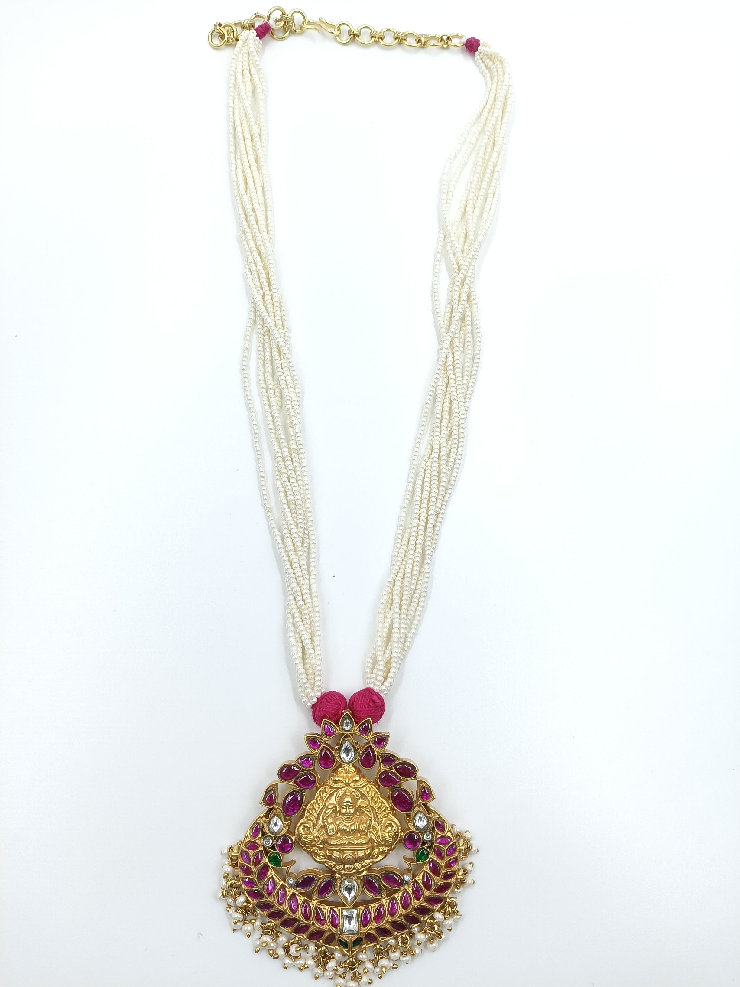 Temple Pendant Necklace with Pearl Beads and Ruby Meenakari