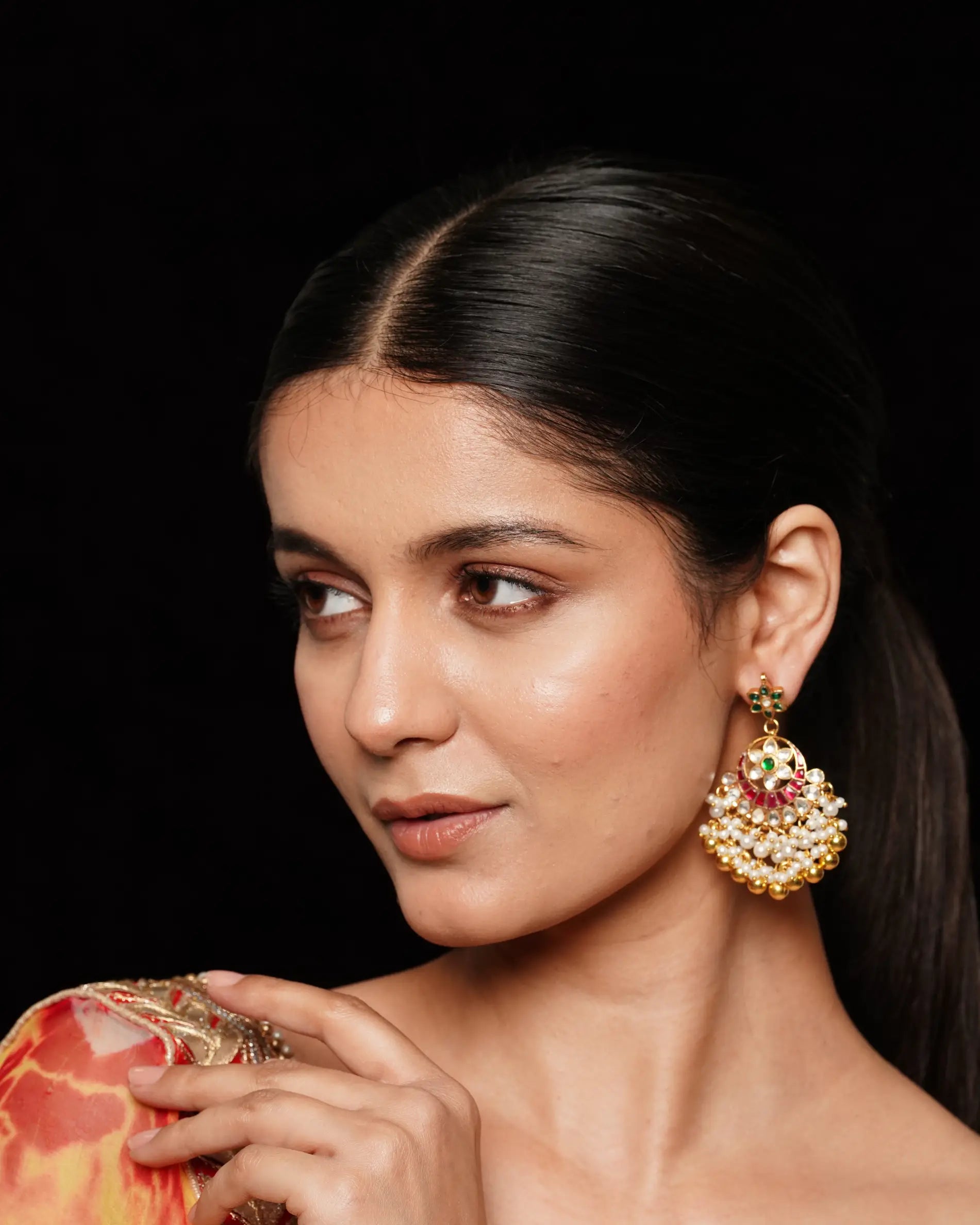 Jadau Kundan Flower Style Chandbali Earrings