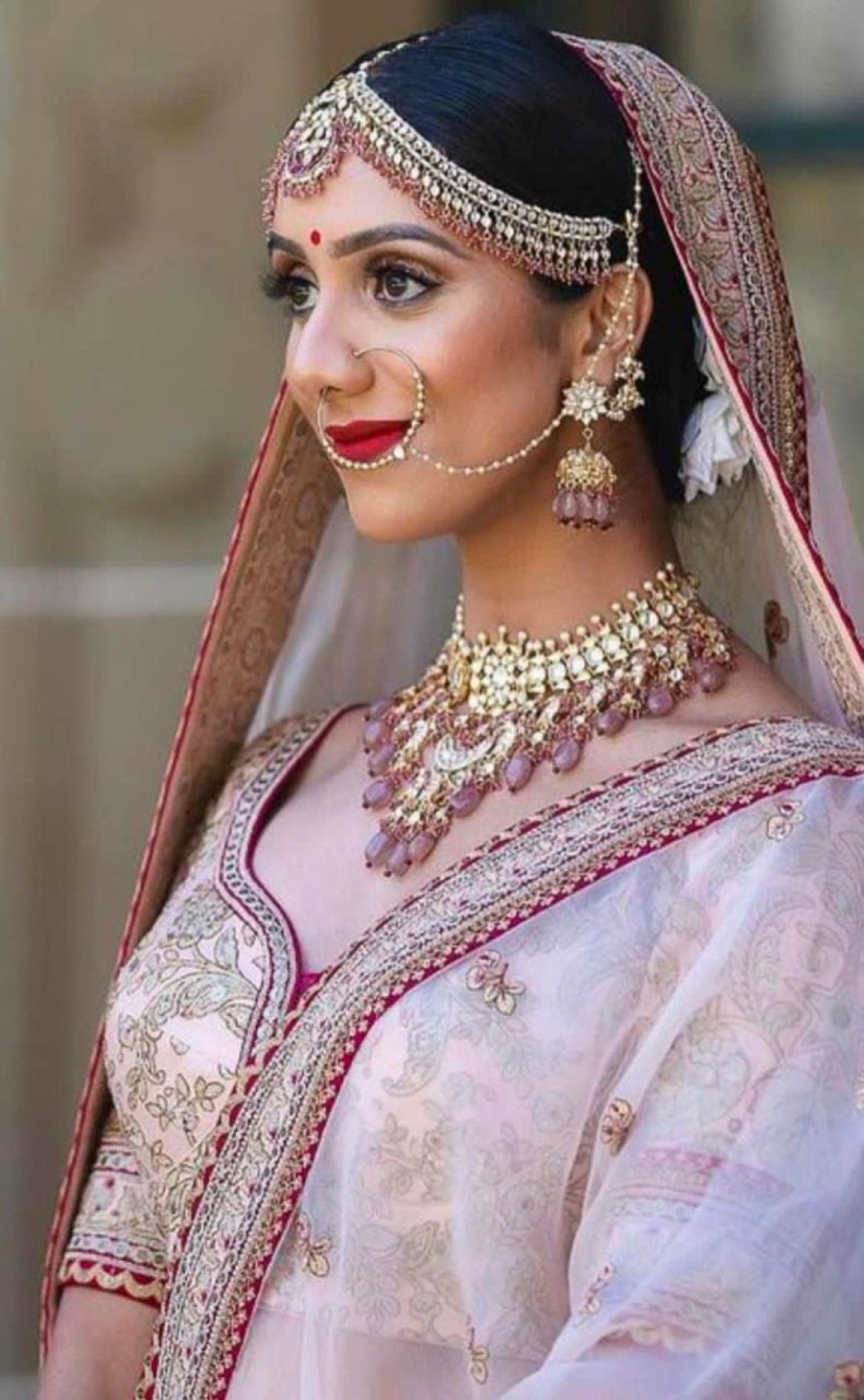 Light Pink Hangings Gold Plated Mathapatti